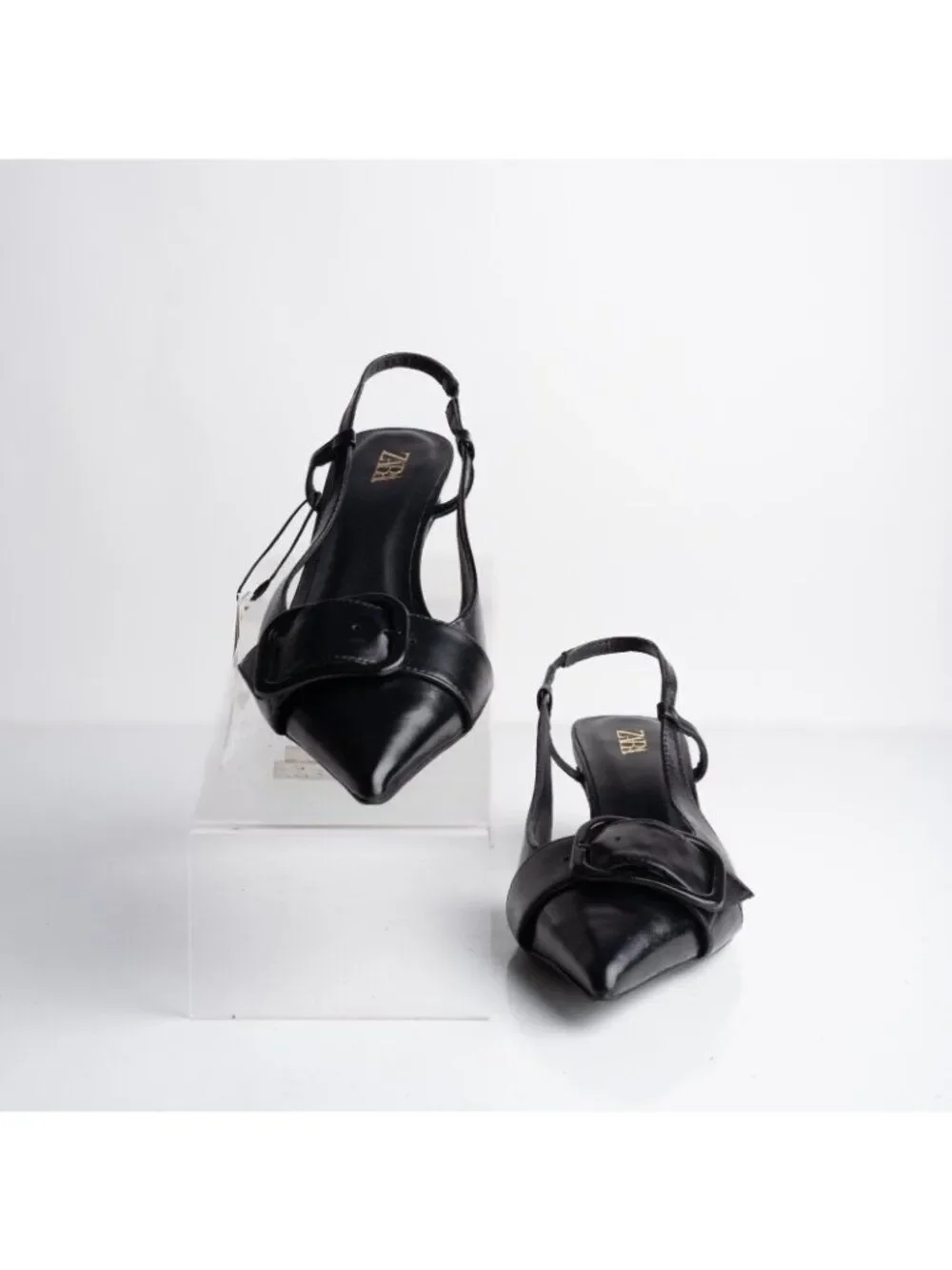 Zara Womens Leather Slingbacks Heels Pumps Black Pointed Toe US 7.5 EU 38 NWB